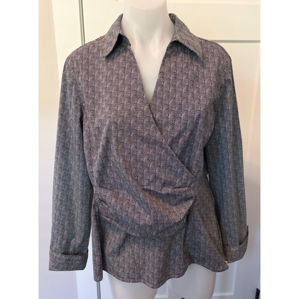 Talbots Womens Faux Wrap TOP Long Sleeve Black White Rainbow Size 16